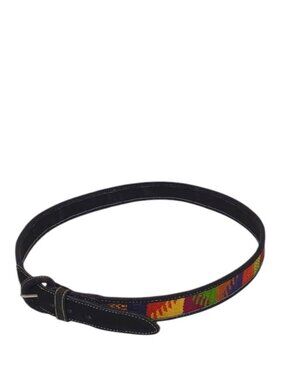 Handmade Black Nubuck Leather Belt Multicolor Woven Fabric Inlay Mayan/Southwest